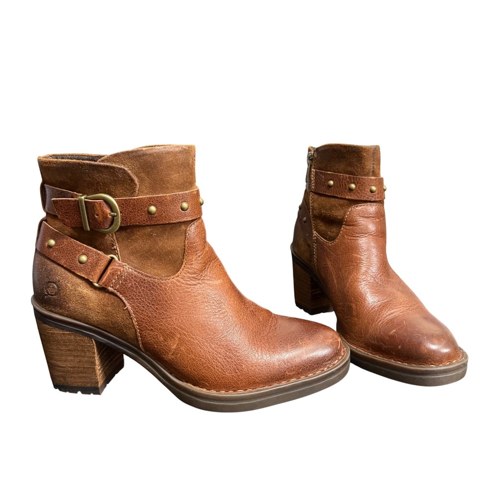 Born Womens Brown Leather Studded Ankle Boots Block Heel Booties Size 7 M